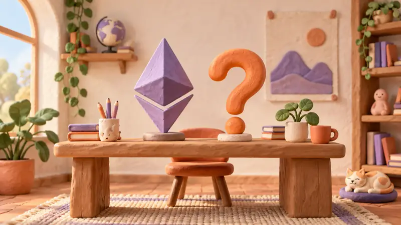 A teaching desk with an Ethereum model and a question sculpture.