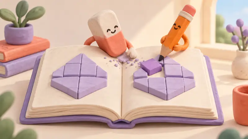 An eraser and pencil correct a mismatched block in a book.