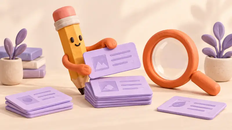 A pencil, reference cards, and lens illustrate checking an explanation.