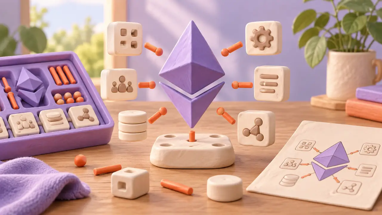 A clay Ethereum learning kit with a diamond, connectors, and building blocks.
