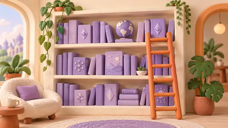 Lavender books and an orange ladder in a miniature clay library.