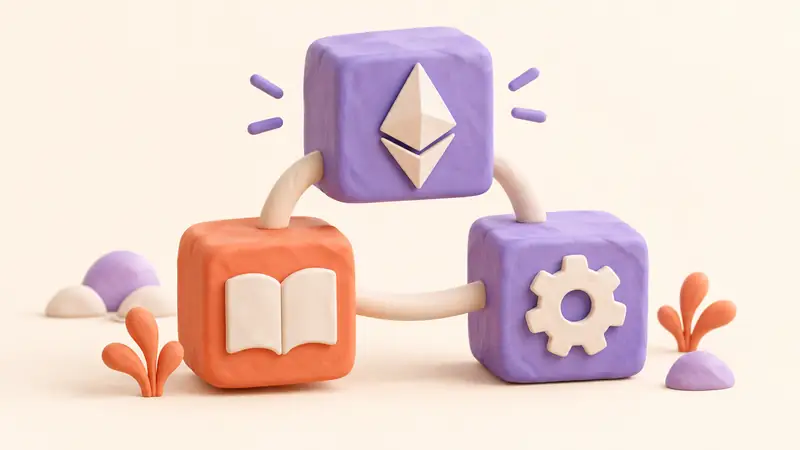 Three connected learning blocks carry a book, an Ether symbol, and a gear.