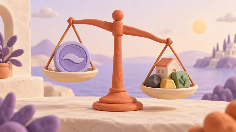 A token and different collateral blocks sit on an uneven balance scale.