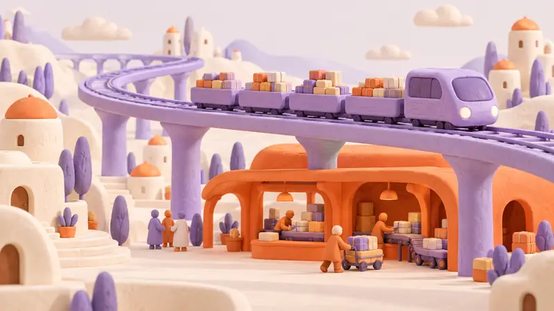 Grouped parcels travel on an elevated route above a shared foundation.