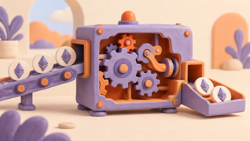 Tokens pass through a mechanical rule box with visible gears.