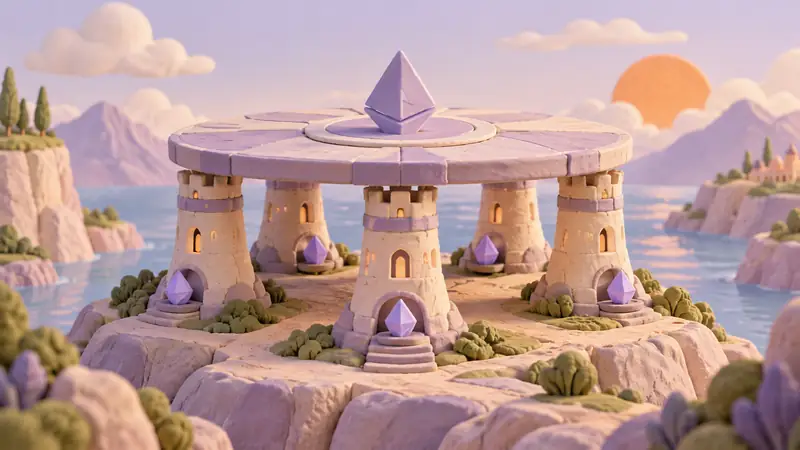 Validator towers support a shared platform with deposit stones at their bases.