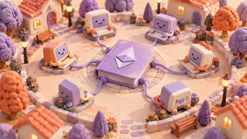 Clay computers arranged around a shared lavender ledger.