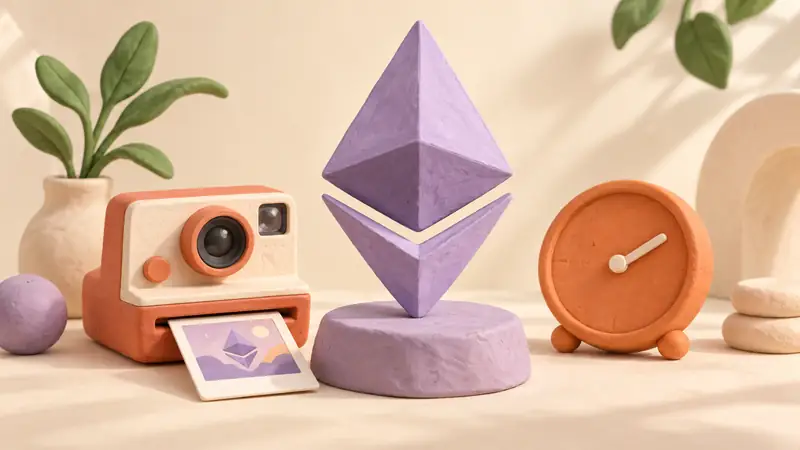 An Ether sculpture, snapshot camera, and clock illustrate a time-specific quote.