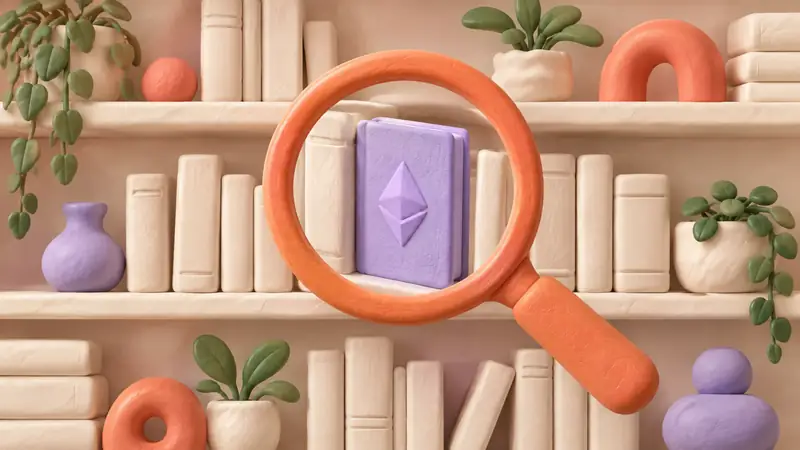 A magnifying glass finds a book on a clay shelf.